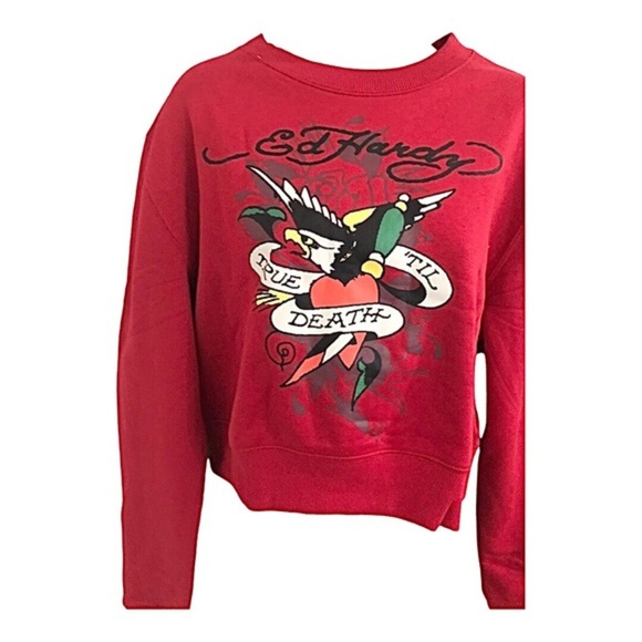 Ed Hardy red graphic print ‘true till death’ Don Ed Hardy printed sweatshirt - Picture 7 of 12